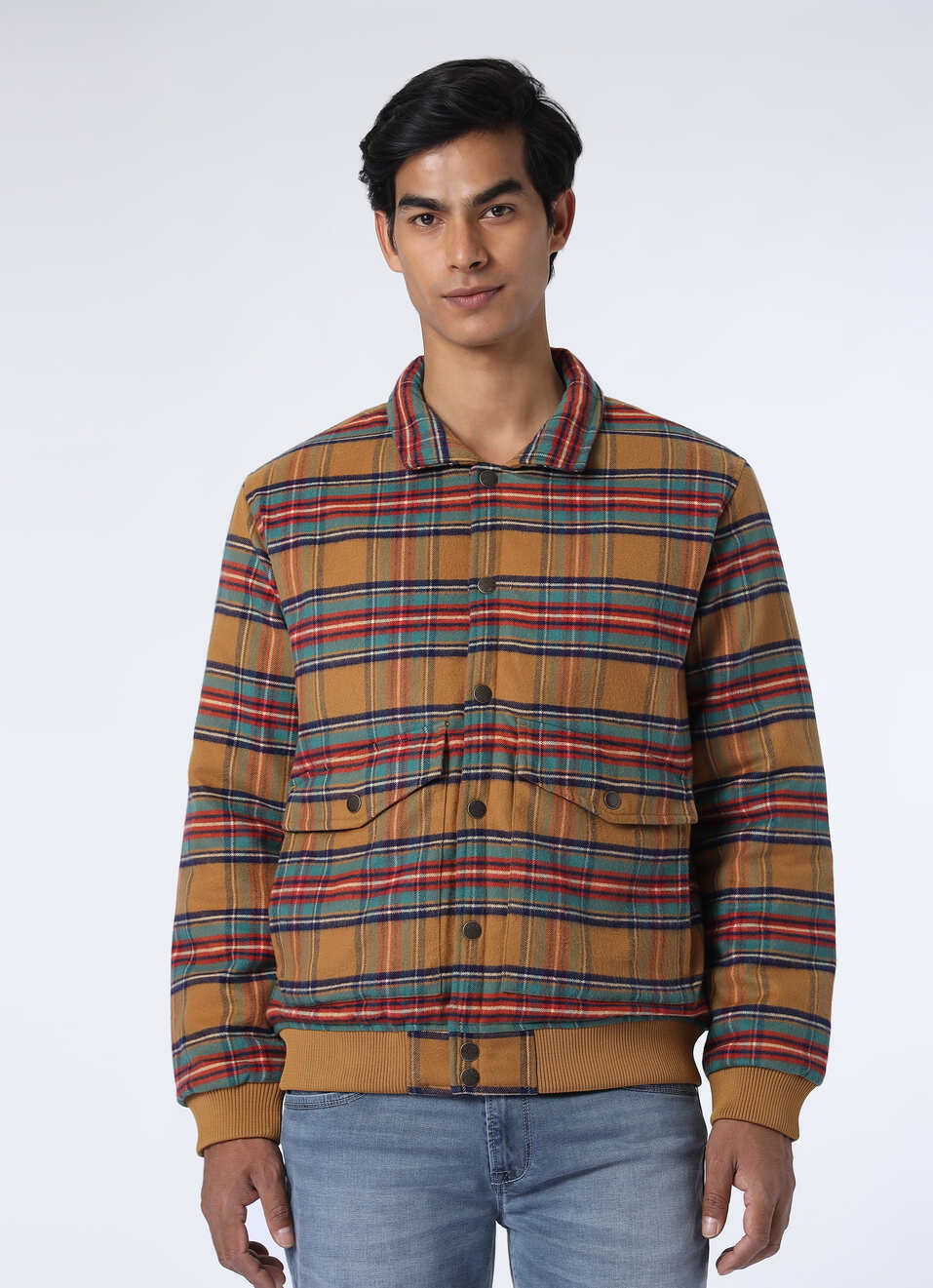 Men Brown Tartan Checkered Regular Fit Jacket, , large image number 1