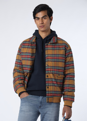 Men Brown Tartan Checkered Regular Fit Jacket