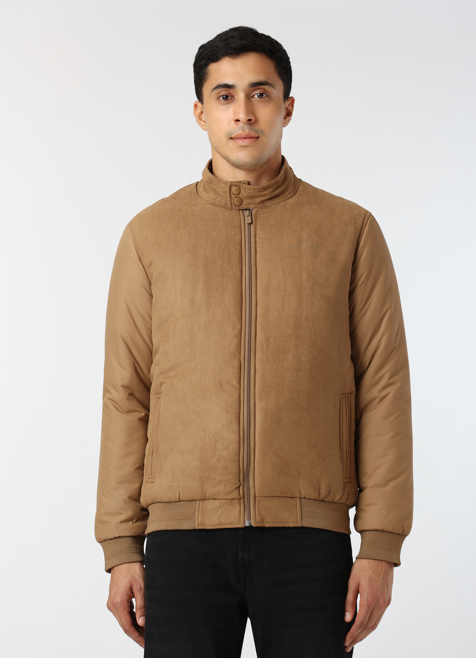 Men Beige Solid High Neck Puffer Jacket, , large image number 1