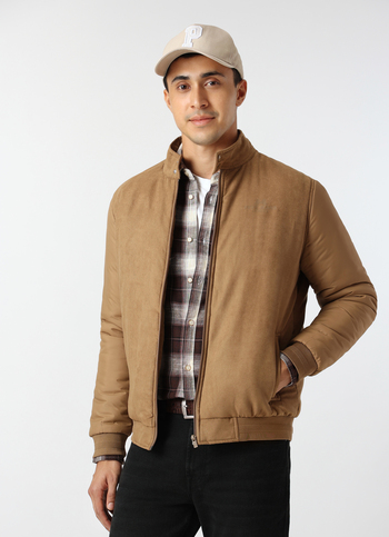 Men Beige Solid High Neck Puffer Jacket