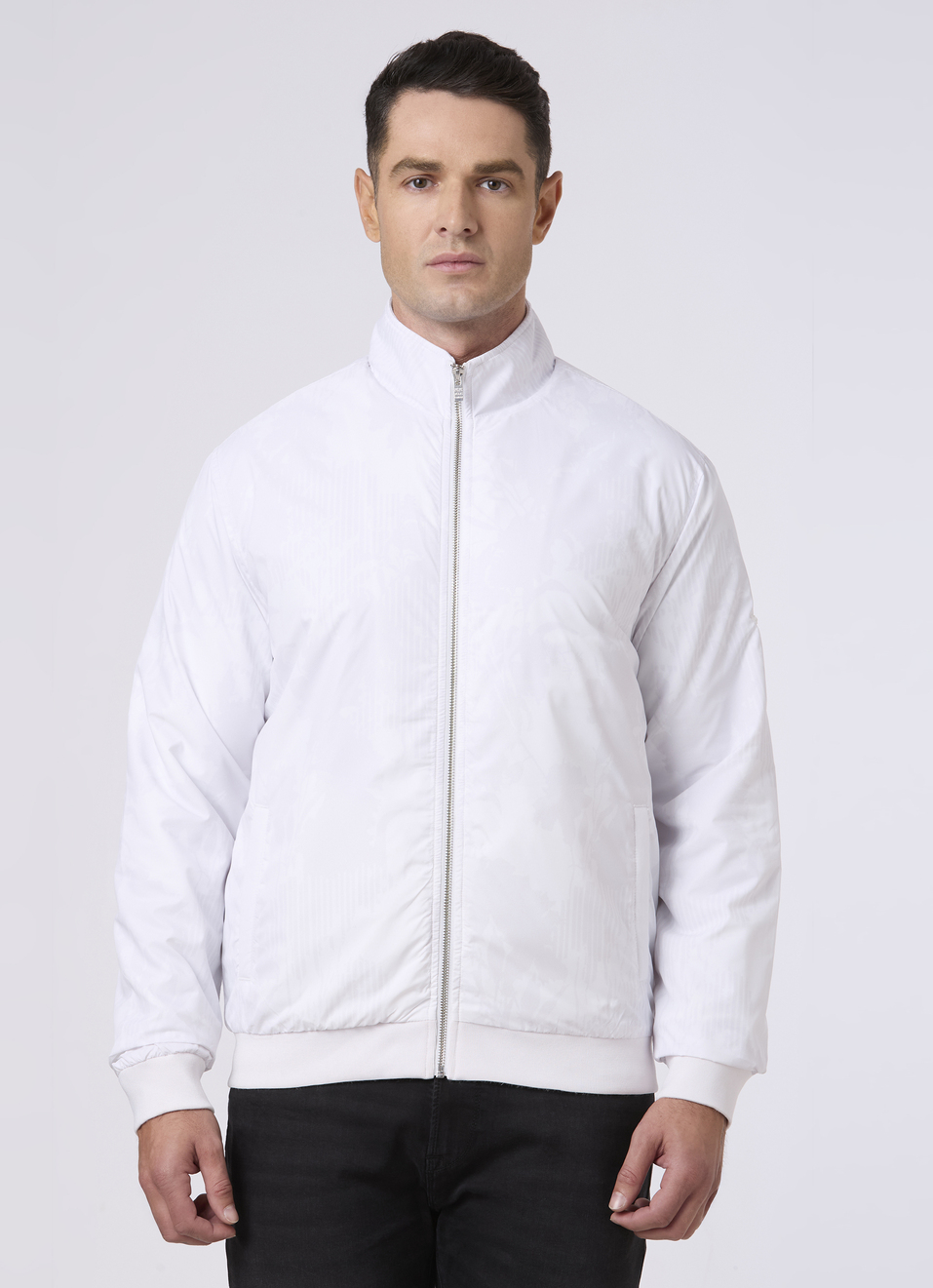 Men White Regular Fit Bomber Jacket, , large image number 1