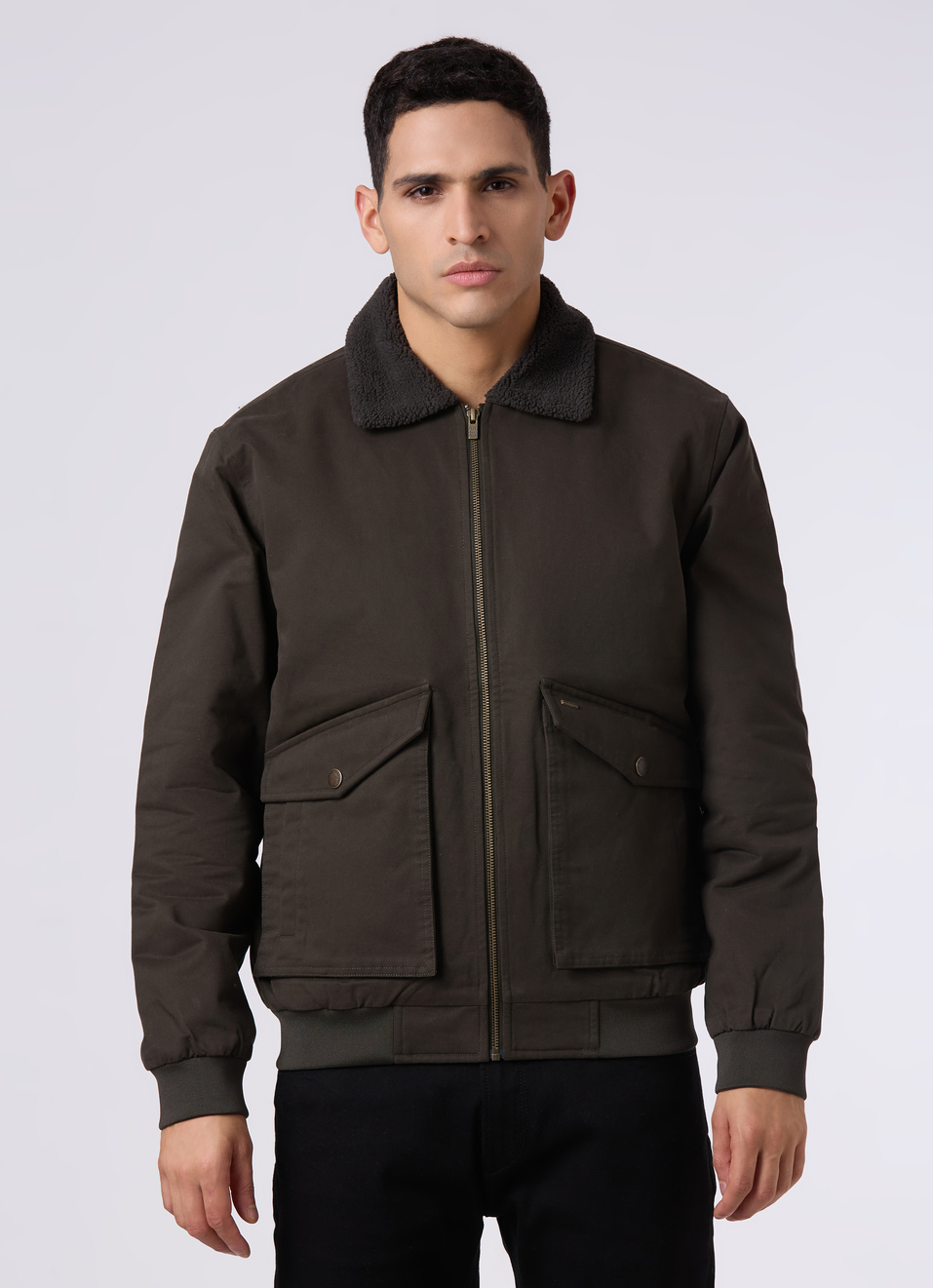 Men Olive Green Sherpa Collar Regular Fit Jacket, , large image number 1