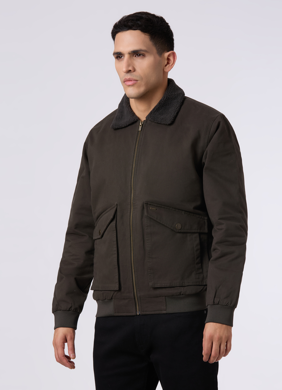 Men Olive Green Sherpa Collar Regular Fit Jacket, , large image number 3