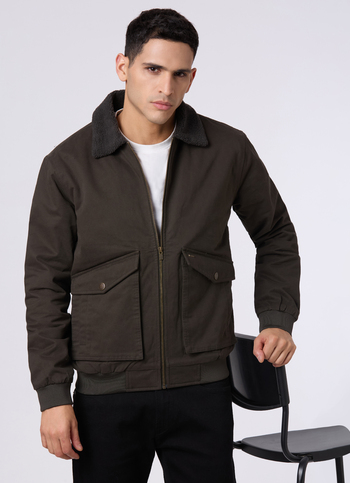 Men Olive Green Sherpa Collar Regular Fit Jacket