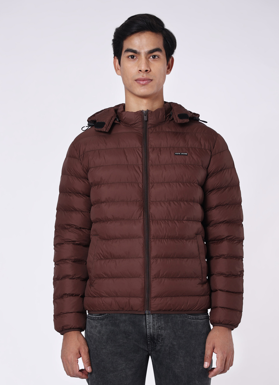 Men Brown Quilted Puffer Hoodie Jacket, , large image number 1