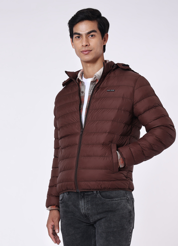 Men Brown Quilted Puffer Hoodie Jacket