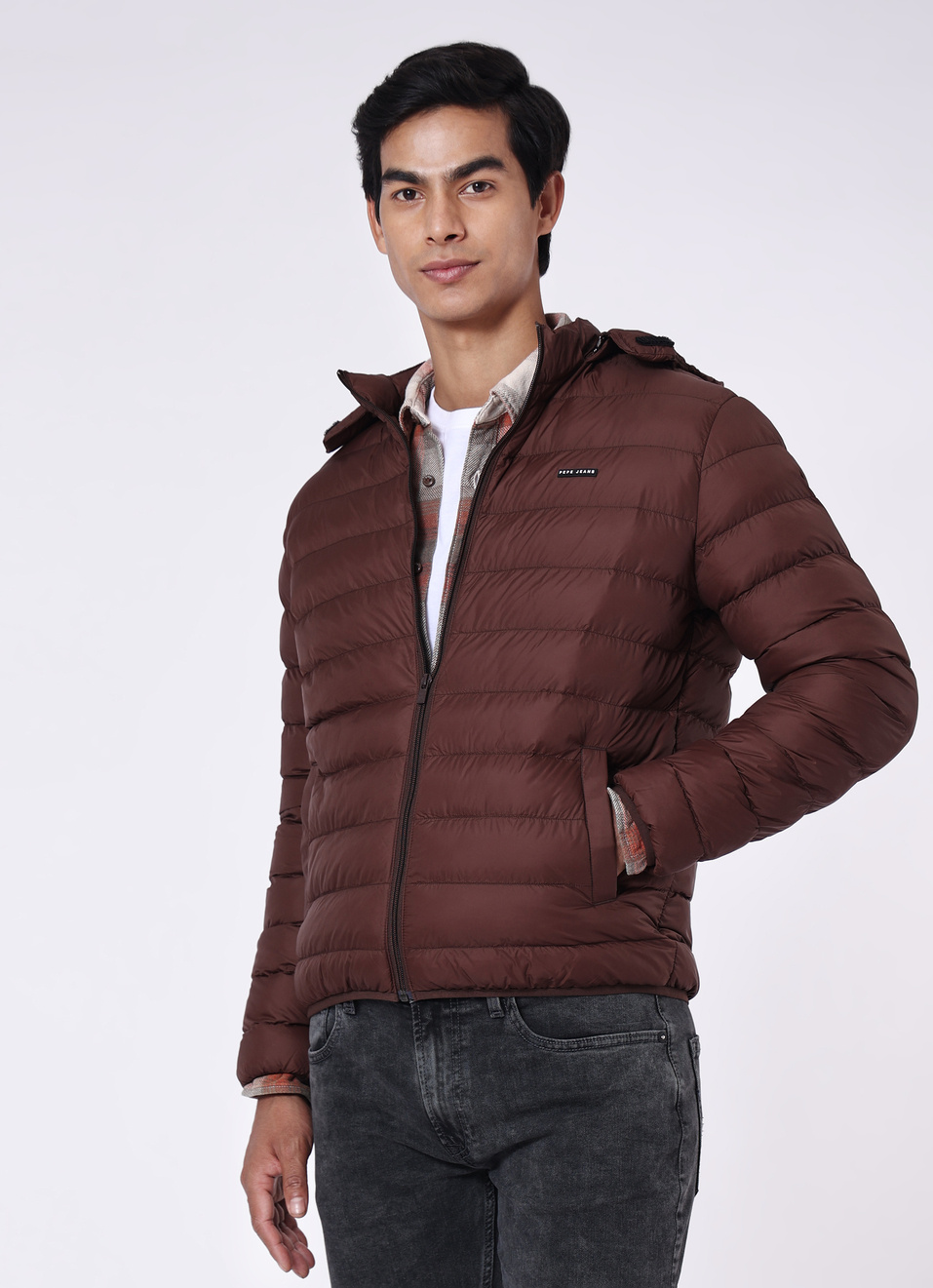 Men Brown Quilted Puffer Hoodie Jacket, , large image number 0