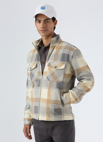 Men Ivory White Check Zip Shirt Jacket