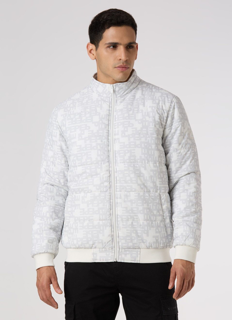 Men White All Over Print Quilted Puffer Jacket, , large image number 1