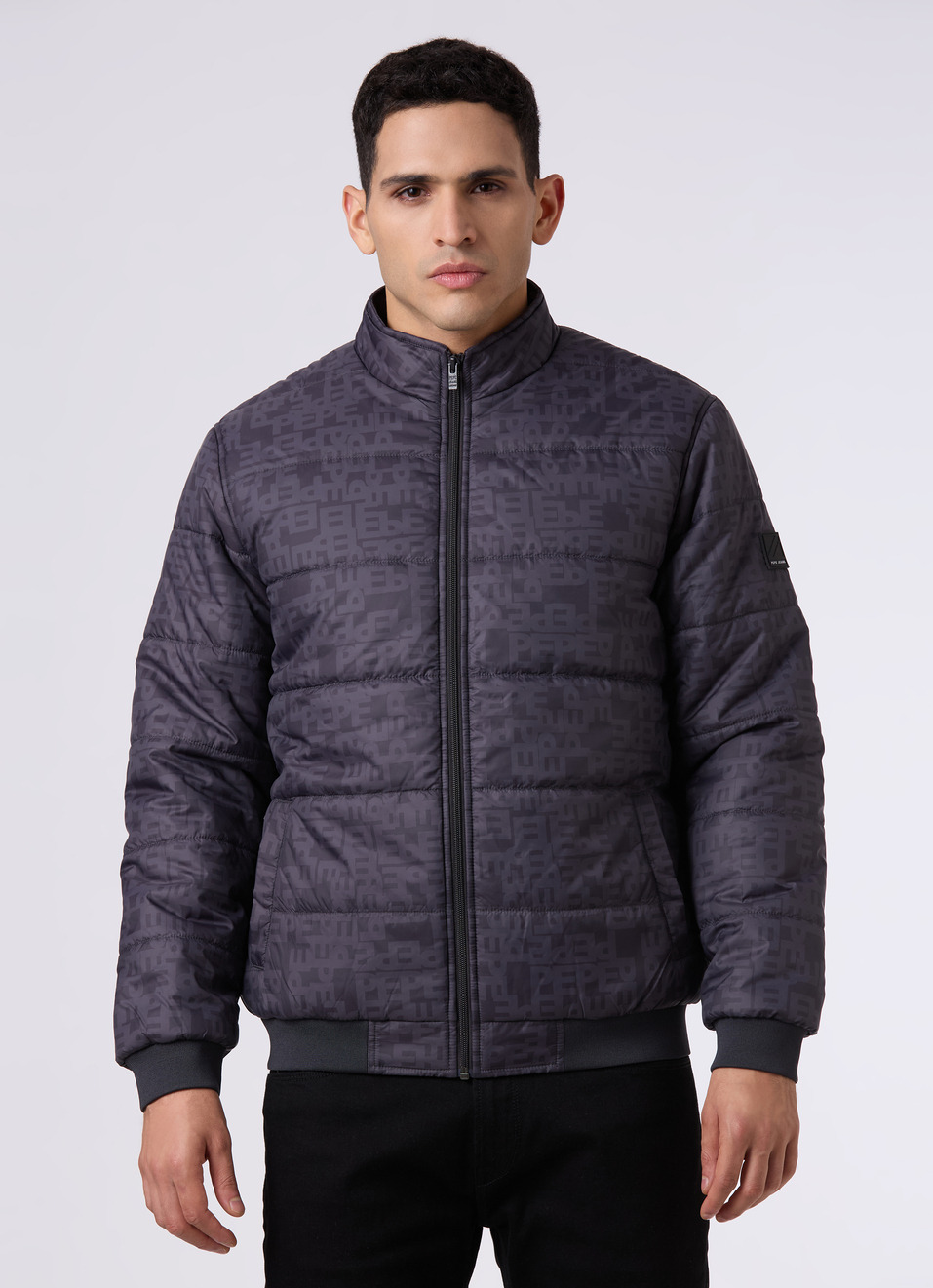 Men Black All Over Print Quilted Puffer Jacket, , large image number 1