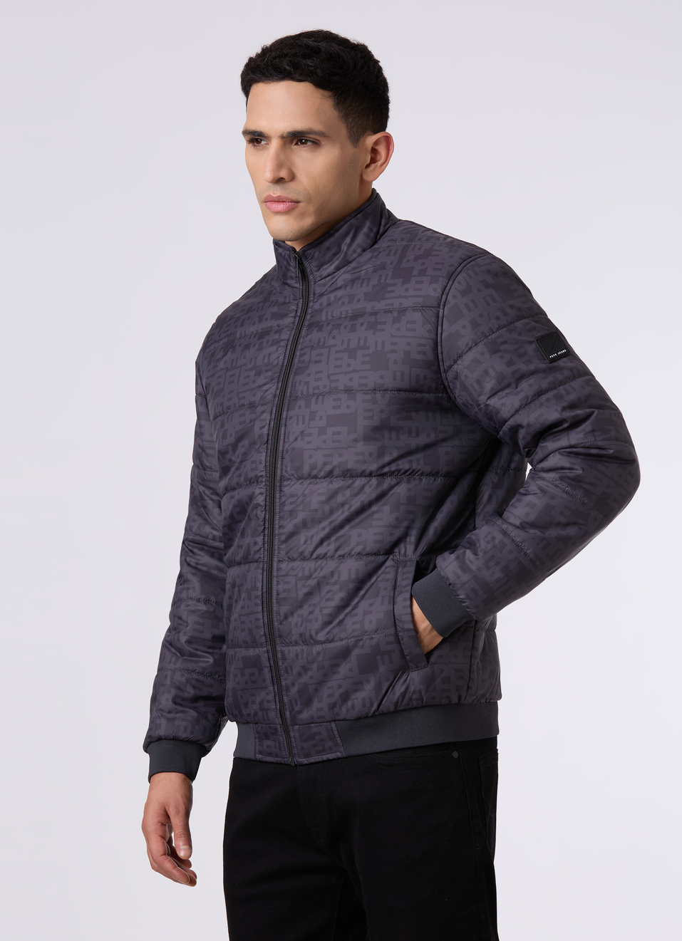 Men Black All Over Print Quilted Puffer Jacket, , large image number 3