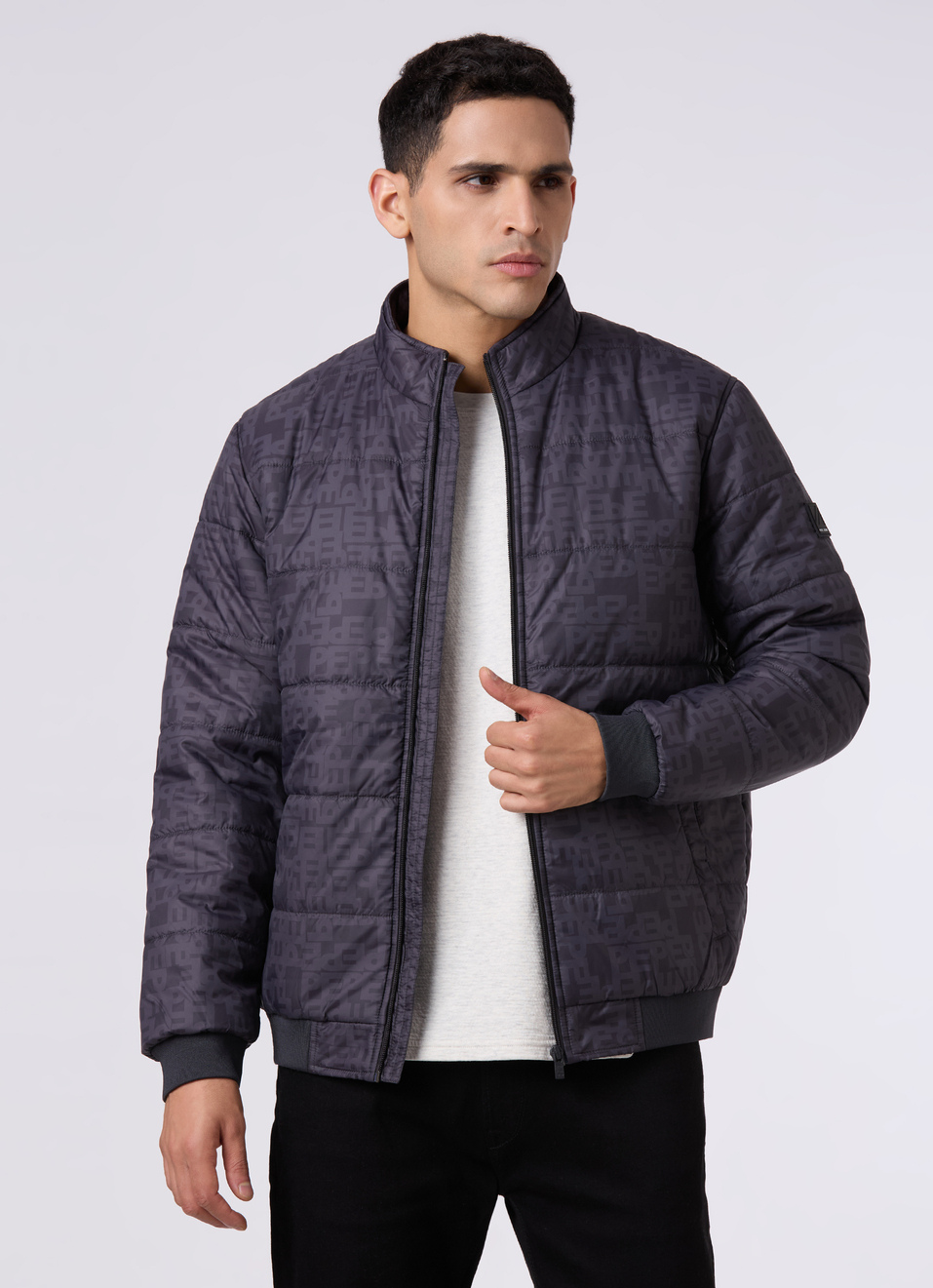 Men Black All Over Print Quilted Puffer Jacket, , large image number 0