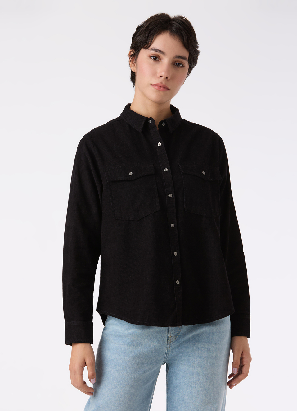 Women Black Corduroy Shirt With Flap Pocket, , large image number 1