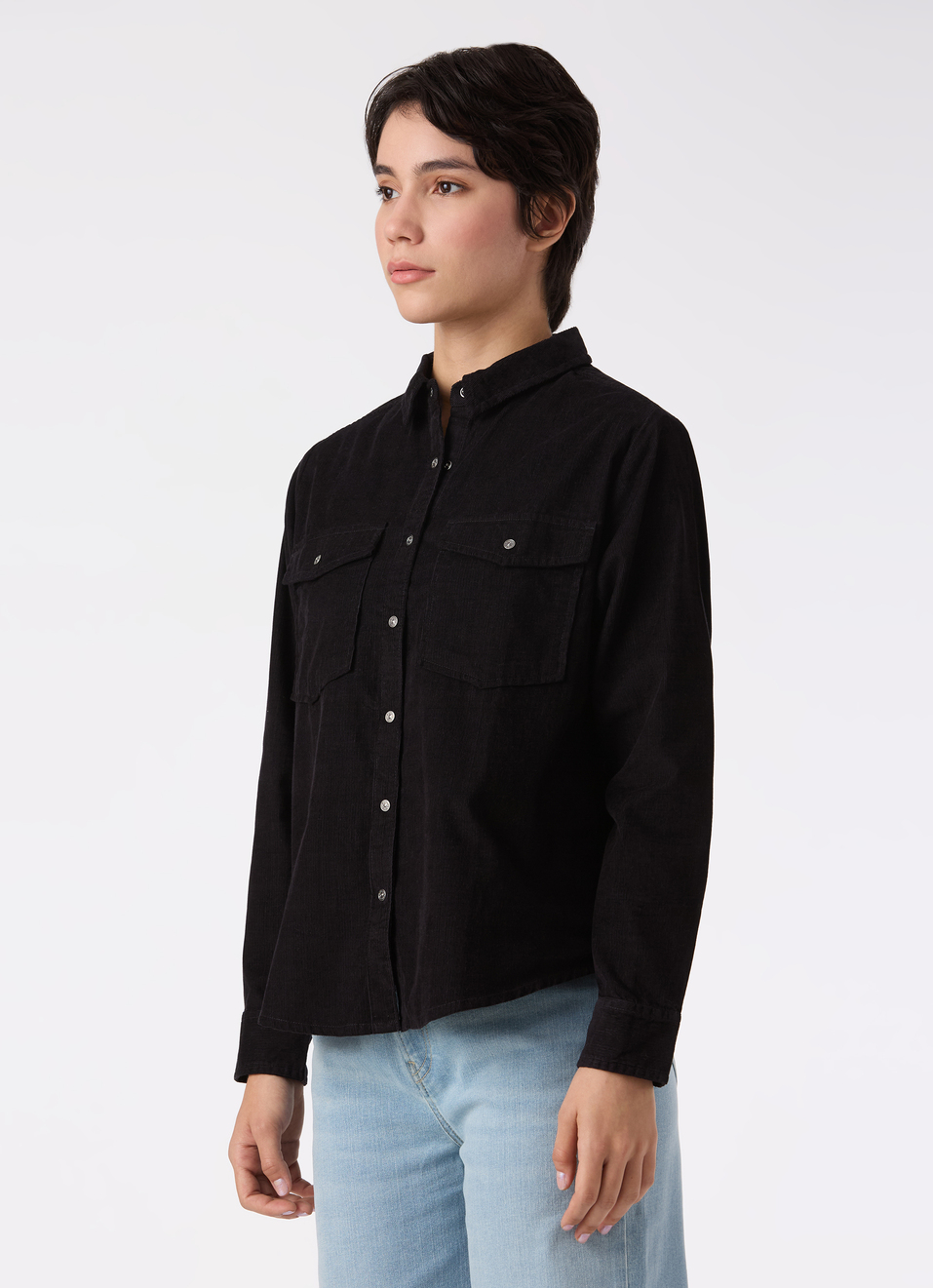 Women Black Corduroy Shirt With Flap Pocket, , large image number 3