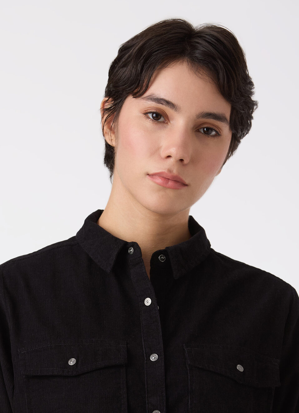 Women Black Corduroy Shirt With Flap Pocket, , large image number 4