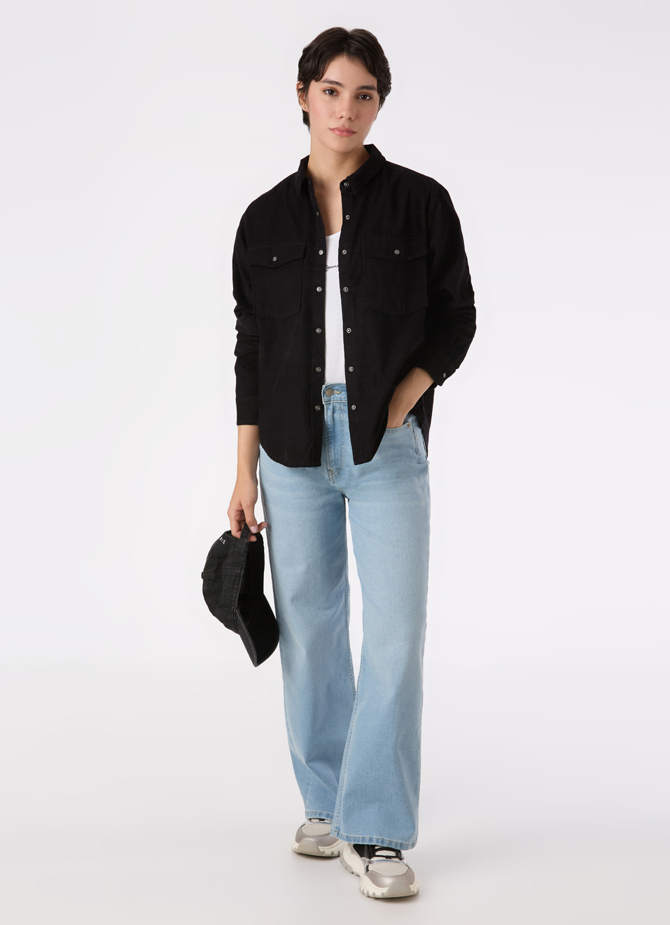 Women Black Corduroy Shirt With Flap Pocket, , large image number 5