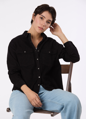 Women Black Corduroy Shirt With Flap Pocket