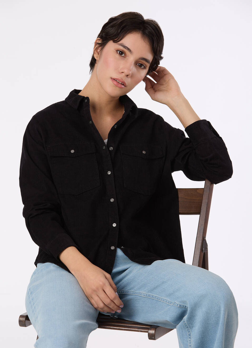 Women Black Corduroy Shirt With Flap Pocket, , large image number 0