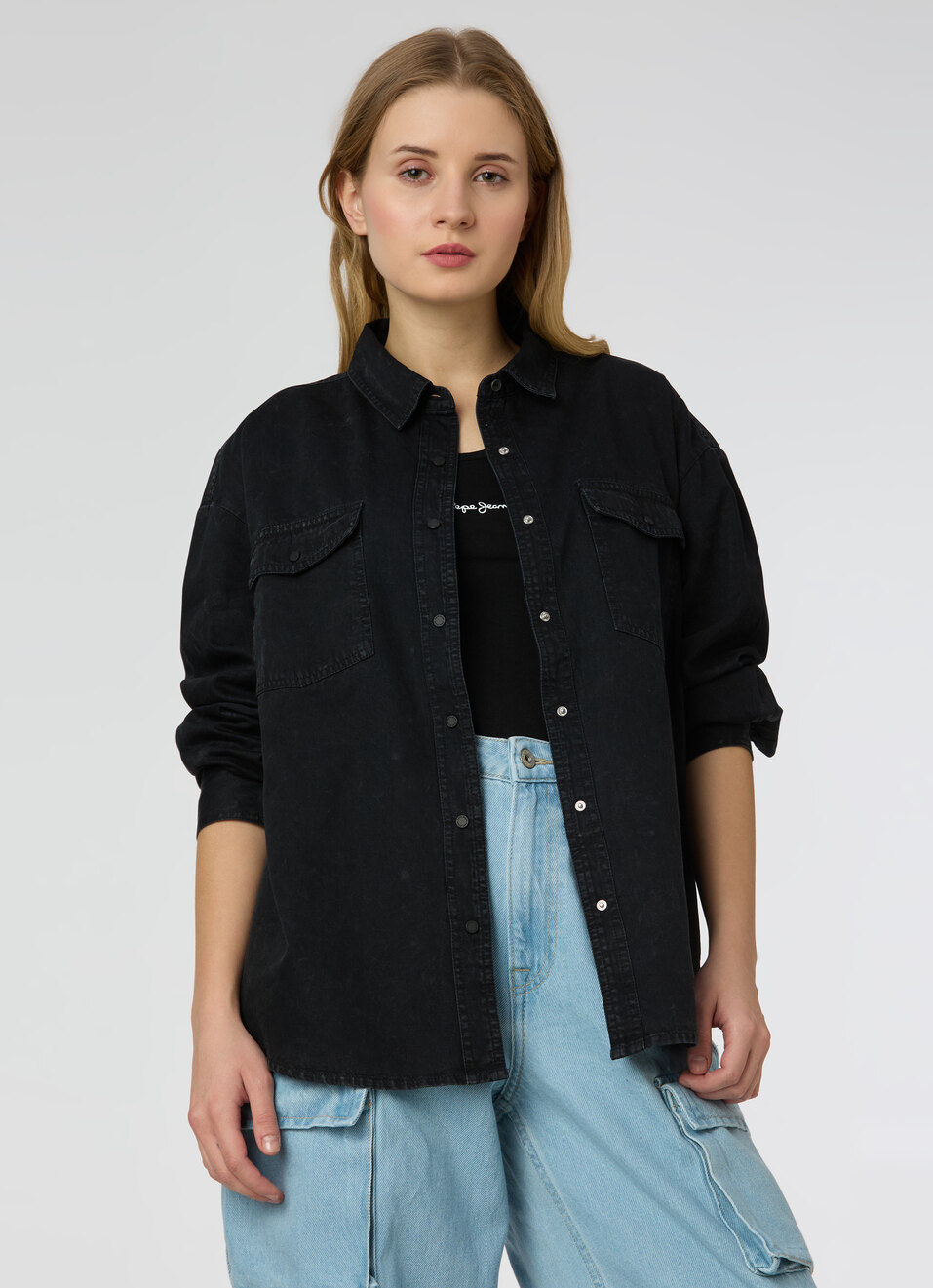 Women Black Oversized Full Sleeve Denim Shirt, , large image number 0