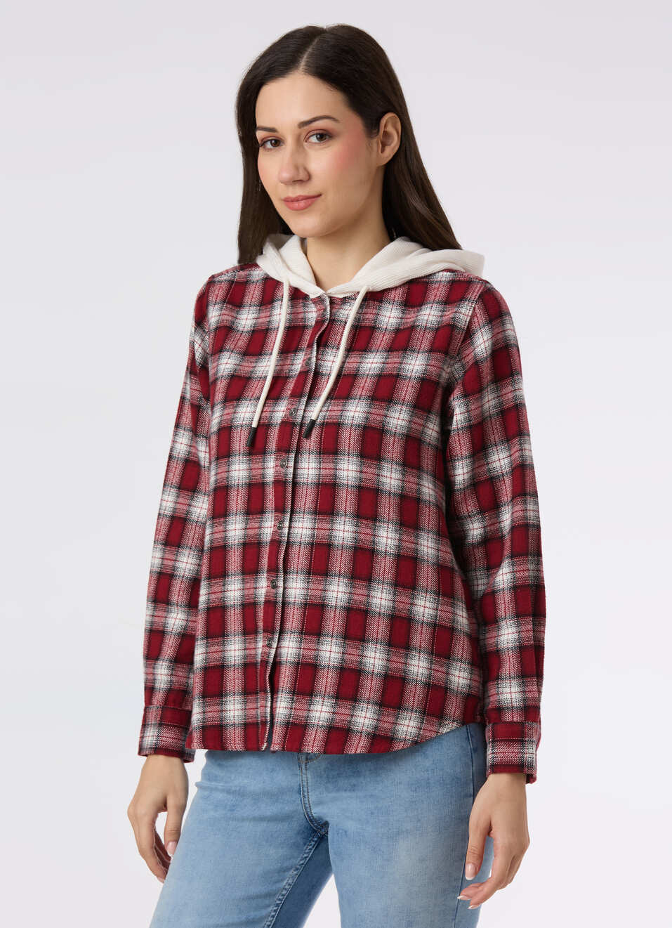 Women Red Checked Hooded Regular Fit Shirt, , large image number 3
