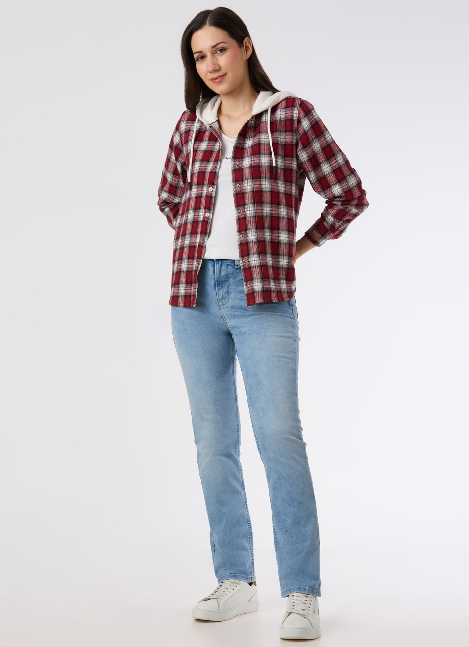 Women Red Checked Hooded Regular Fit Shirt, , large image number 5