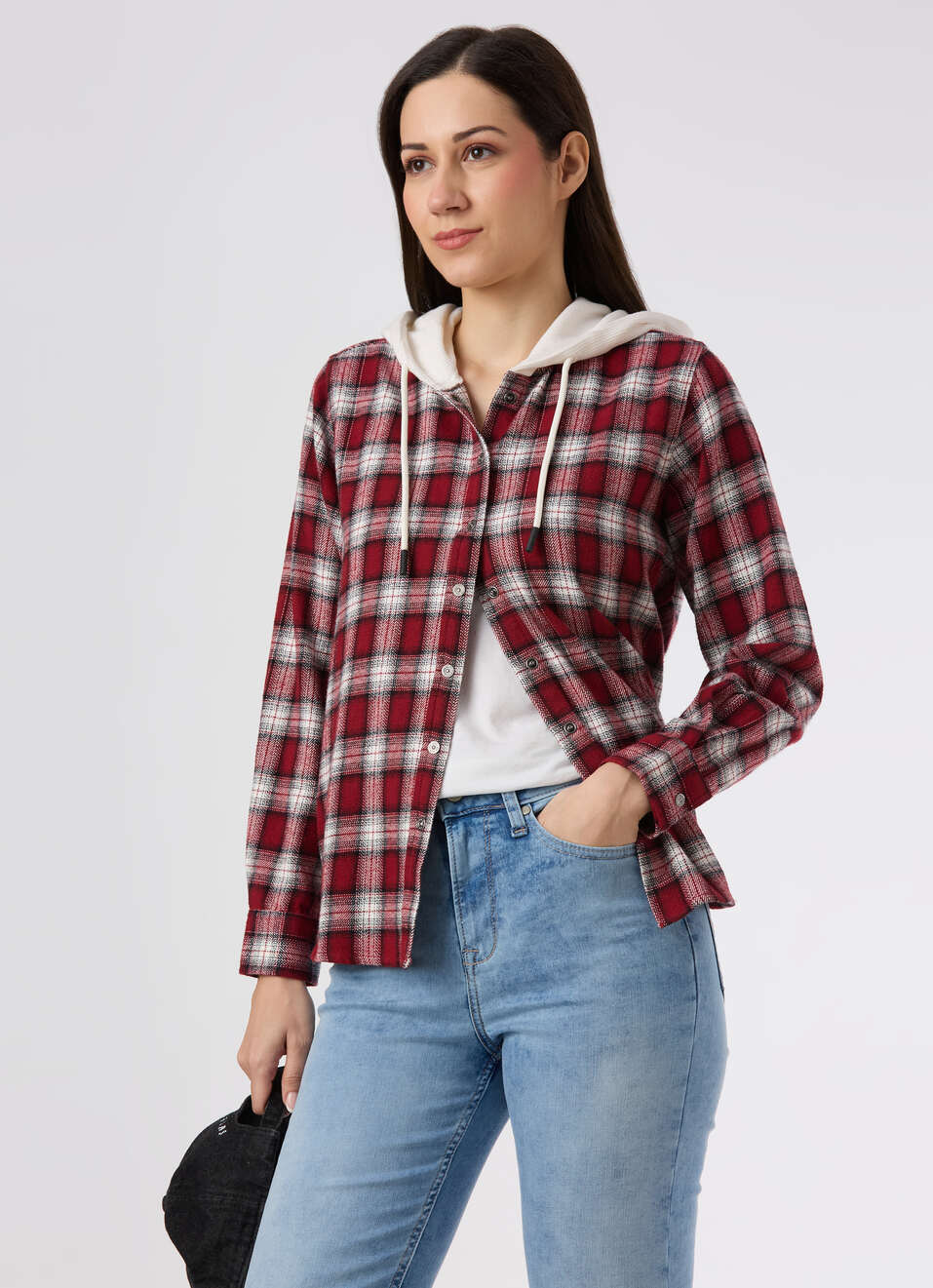 Women Red Checked Hooded Regular Fit Shirt, , large image number 0