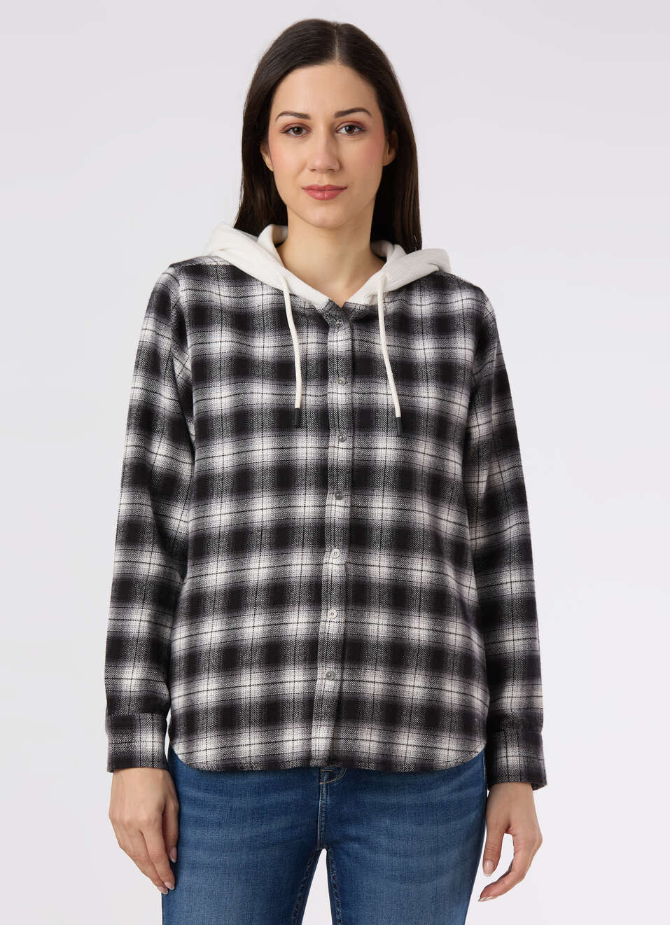 Women Black Checked Hooded Regular Fit Shirt, , large image number 1