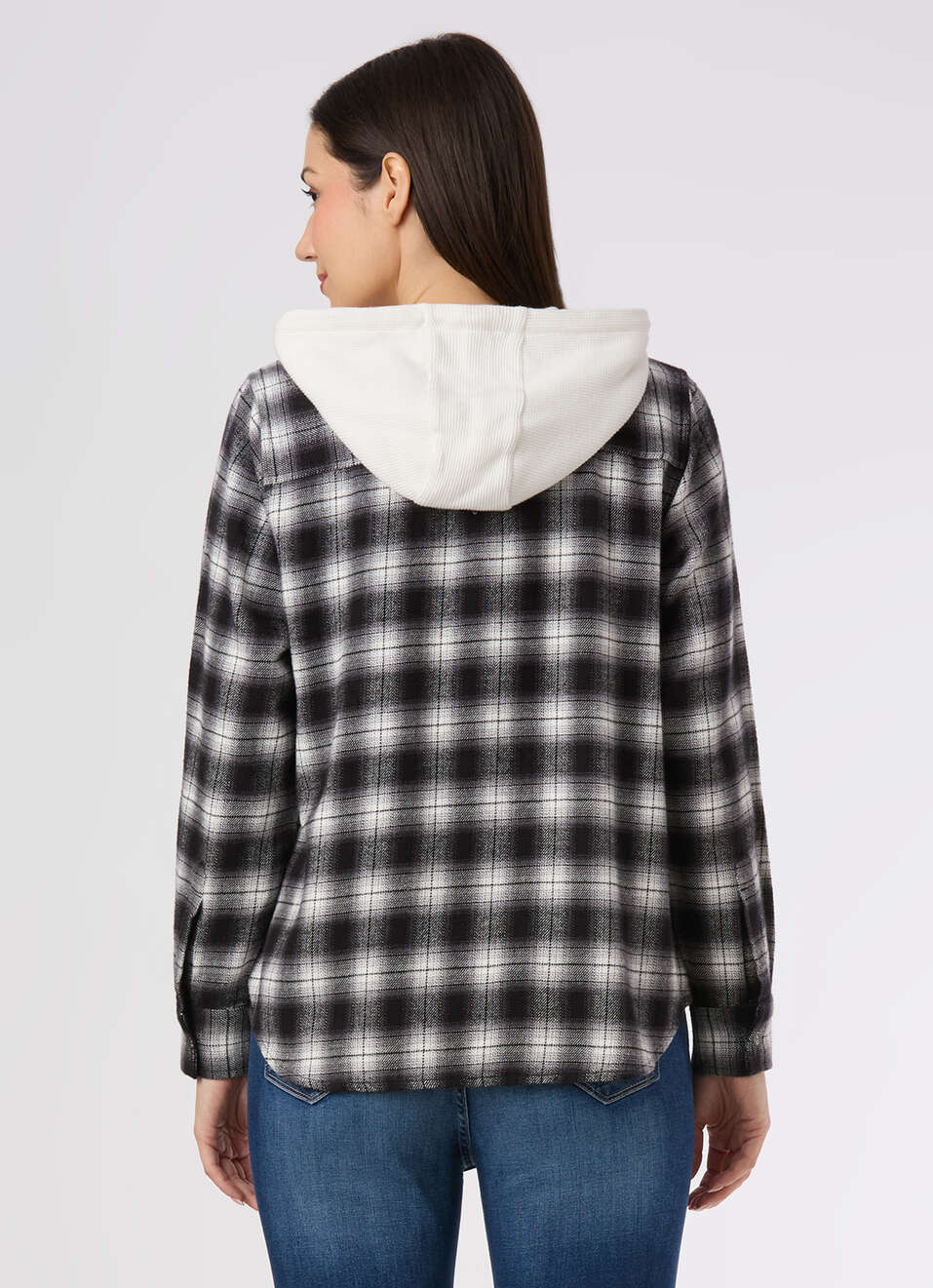 Women Black Checked Hooded Regular Fit Shirt, , large image number 2