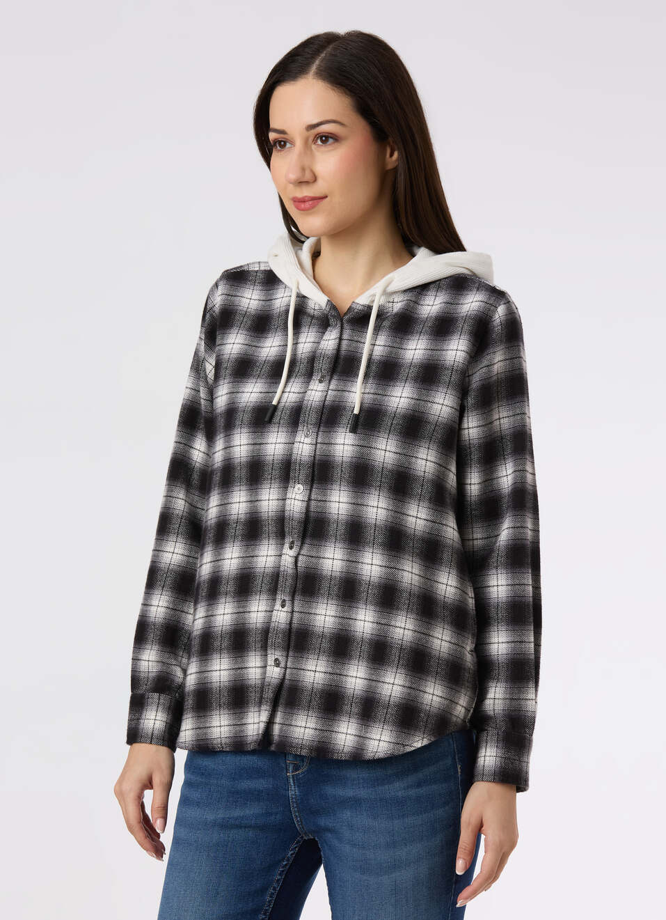 Women Black Checked Hooded Regular Fit Shirt, , large image number 3