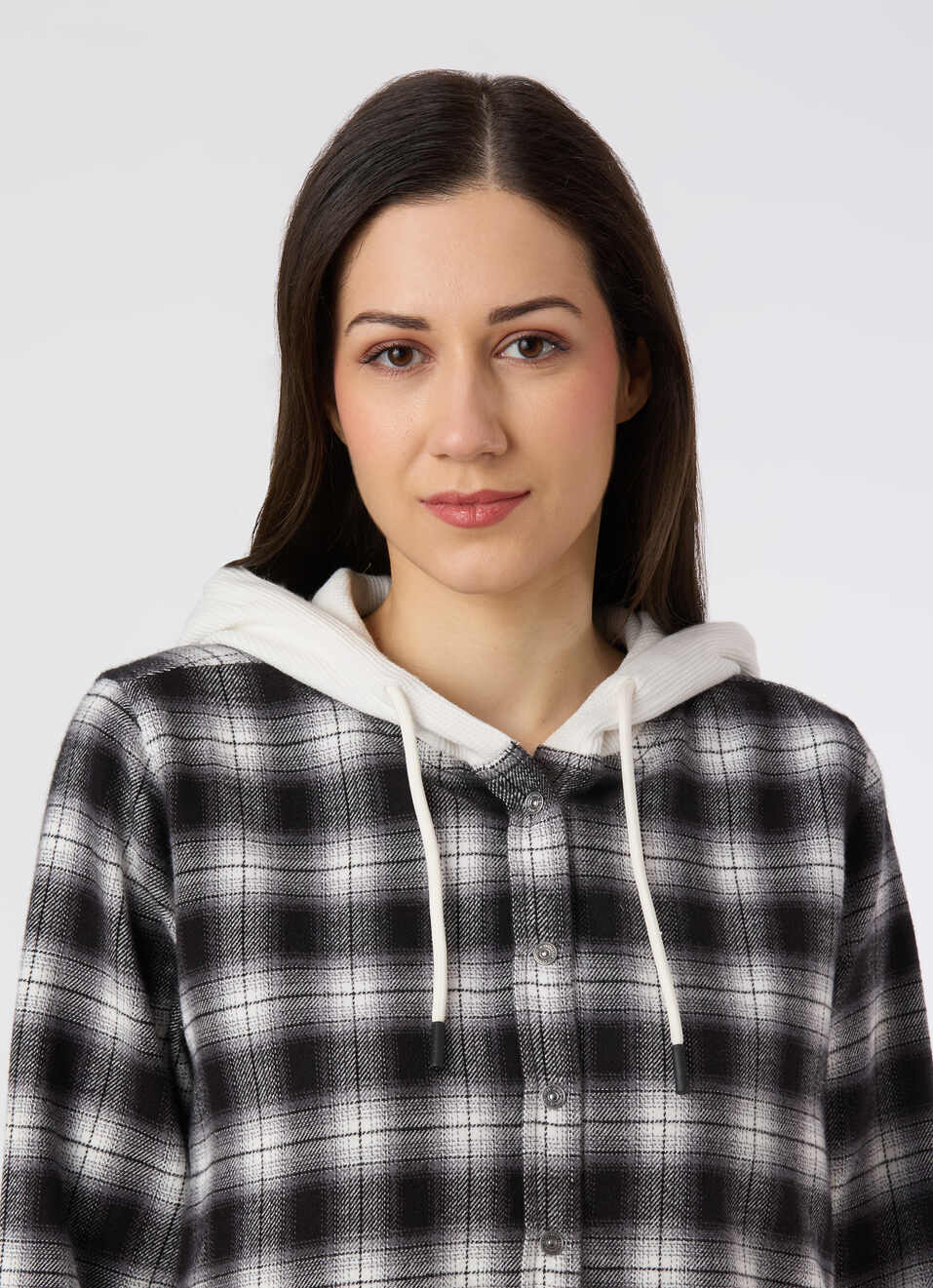 Women Black Checked Hooded Regular Fit Shirt, , large image number 4