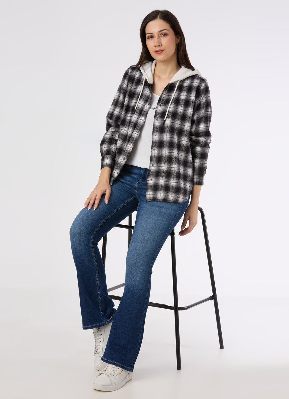 Women Black Checked Hooded Regular Fit Shirt, , large image number 5