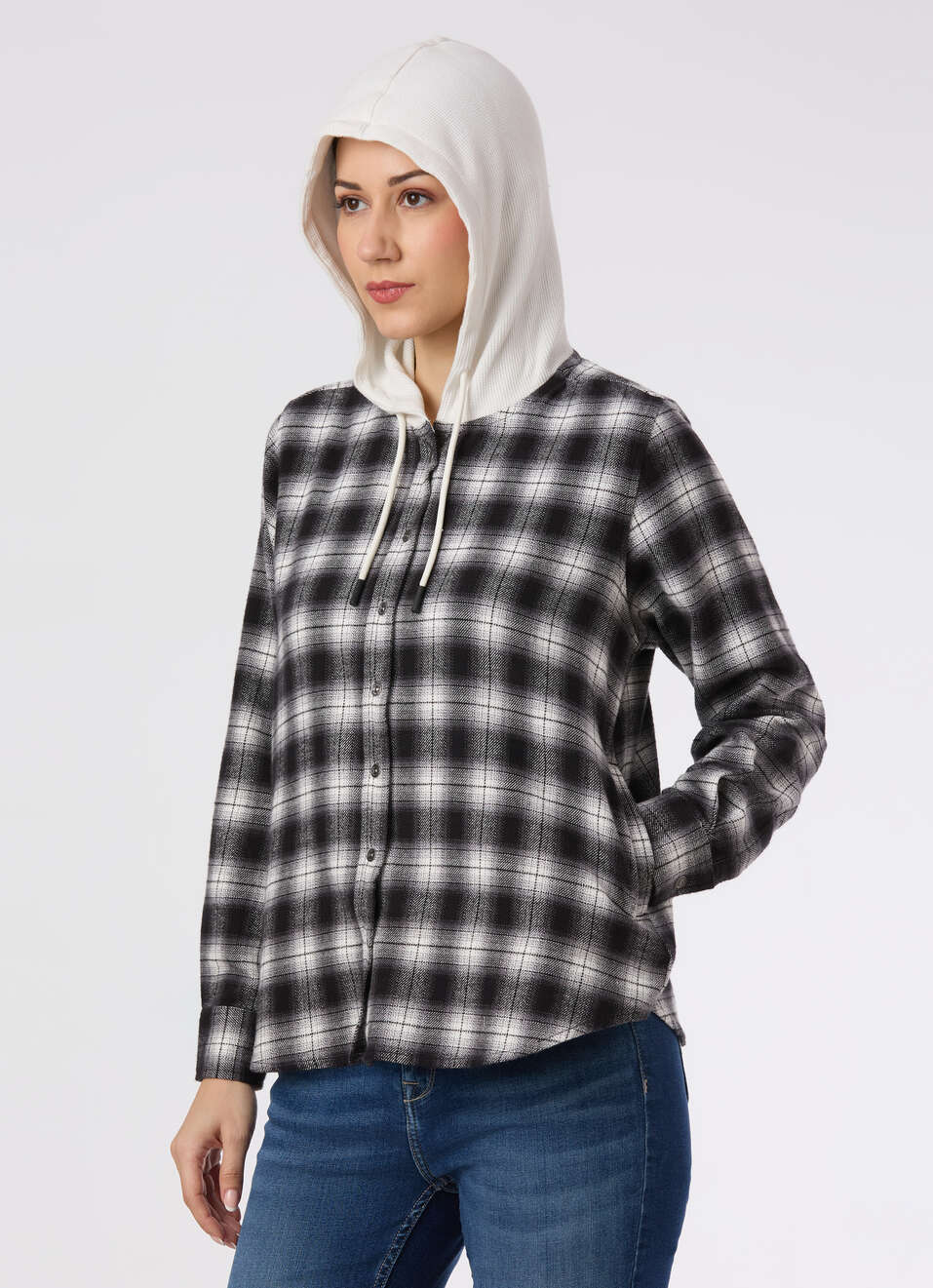 Women Black Checked Hooded Regular Fit Shirt, , large image number 6