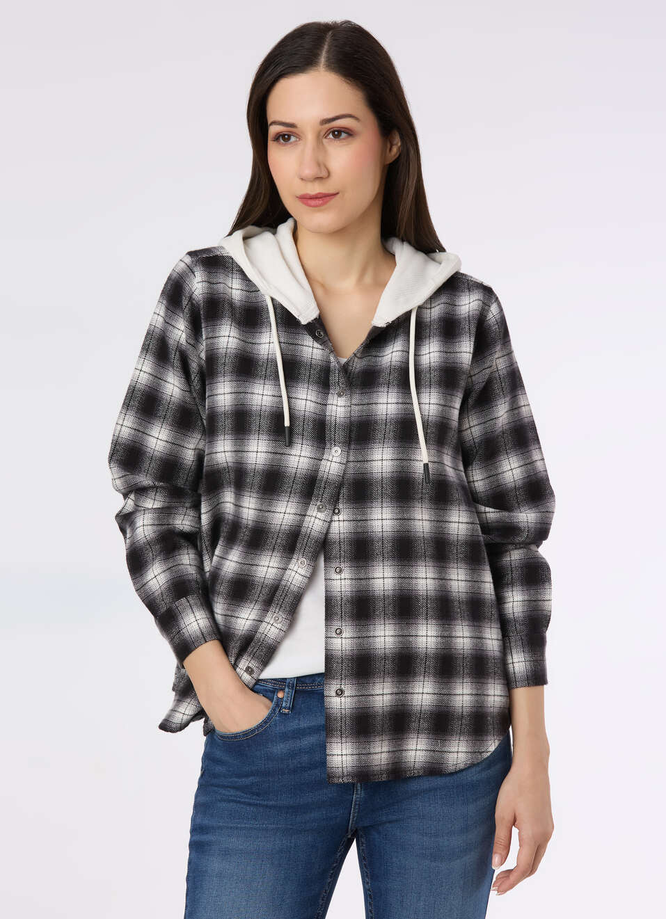 Women Black Checked Hooded Regular Fit Shirt, , large image number 0