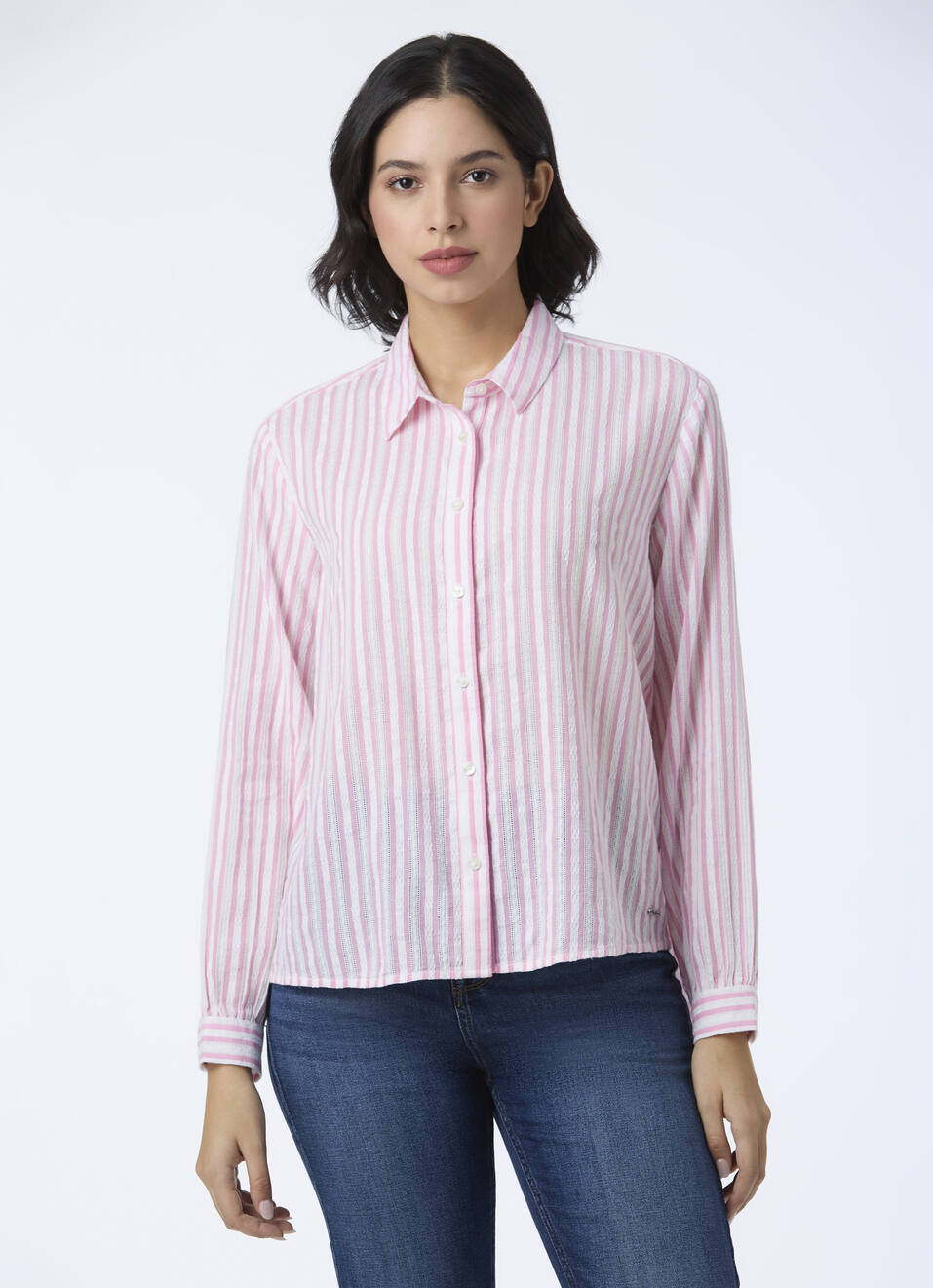 Women Pink Stripe Full Sleeve Shirt, , large image number 1