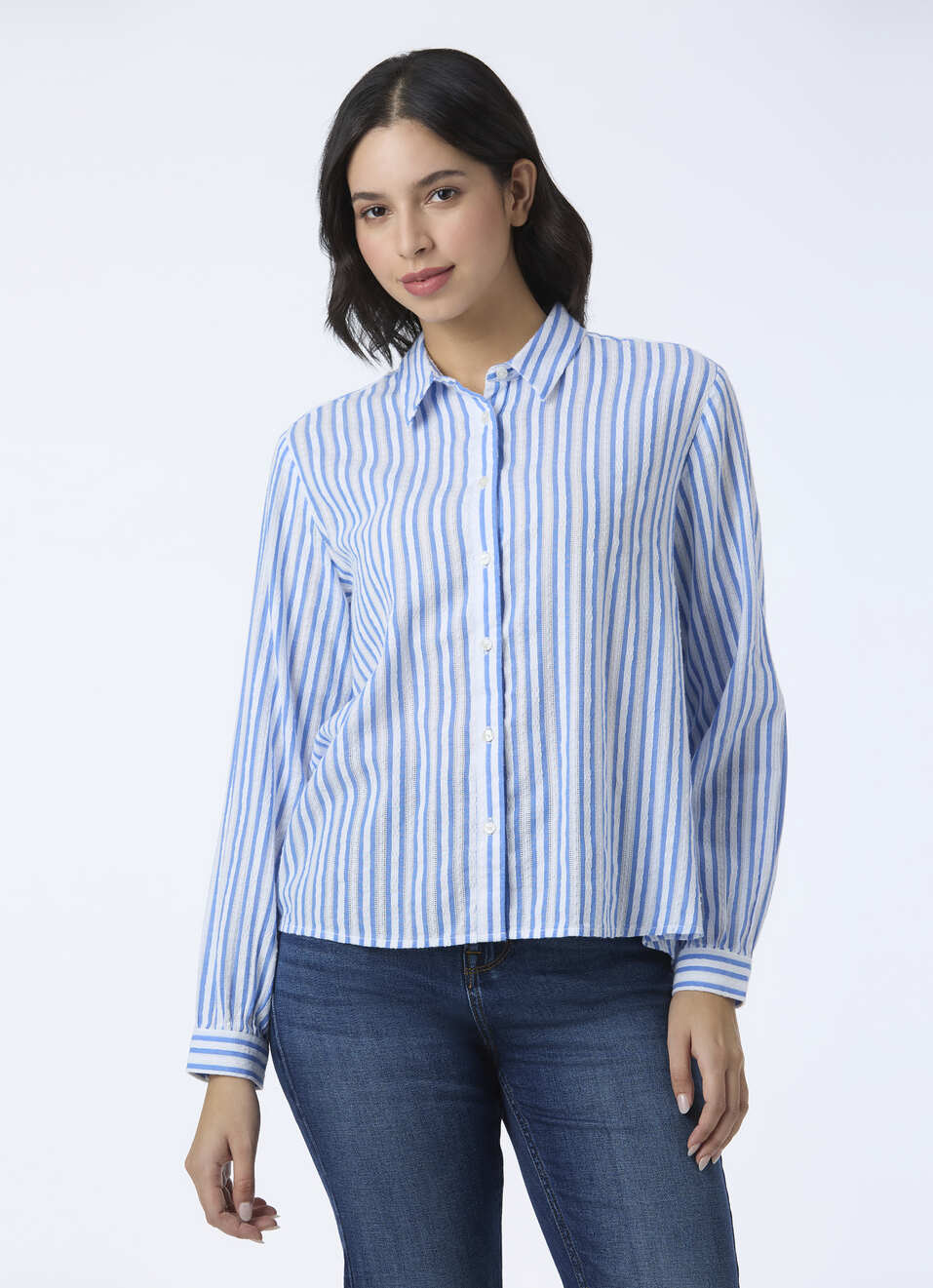 Women Blue Stripe Full Sleeve Shirt, , large image number 1