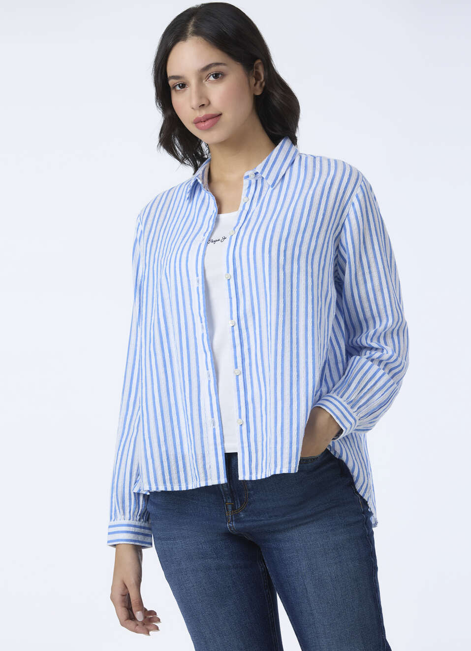 Women Blue Stripe Full Sleeve Shirt, , large image number 0