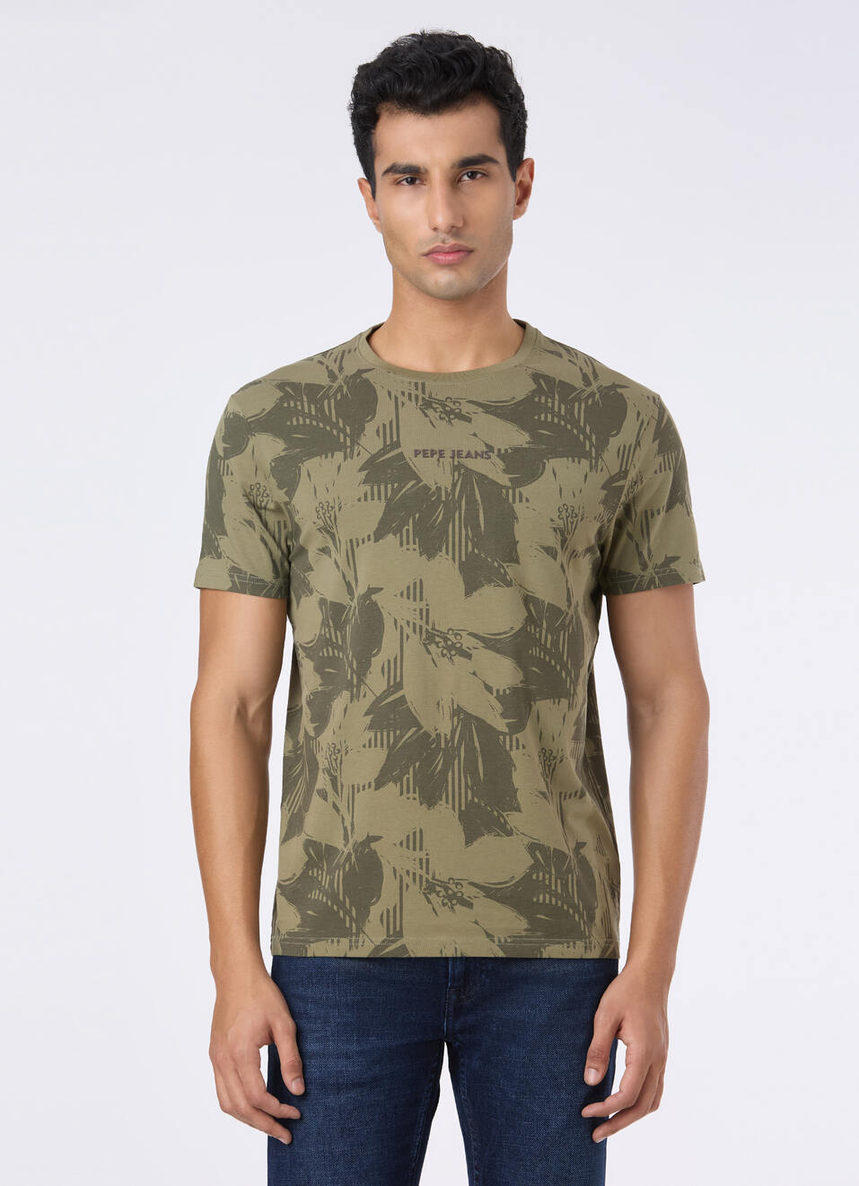Green Tropical Leaf Print Slim Short Sleeve T-shirt, , large image number 1