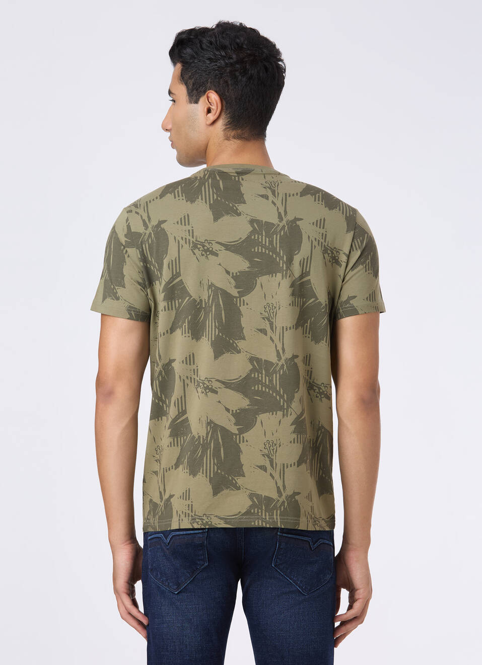 Green Tropical Leaf Print Slim Short Sleeve T-shirt, , large image number 2