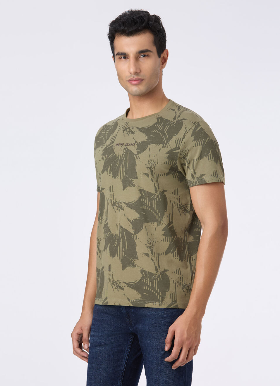 Green Tropical Leaf Print Slim Short Sleeve T-shirt, , large image number 3
