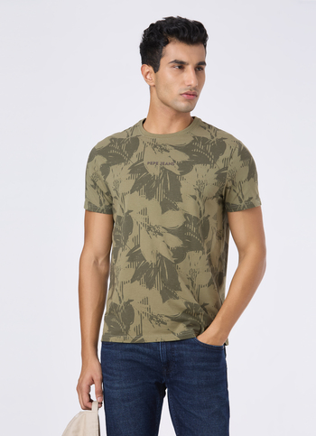 Green Tropical Leaf Print Slim Short Sleeve T-shirt