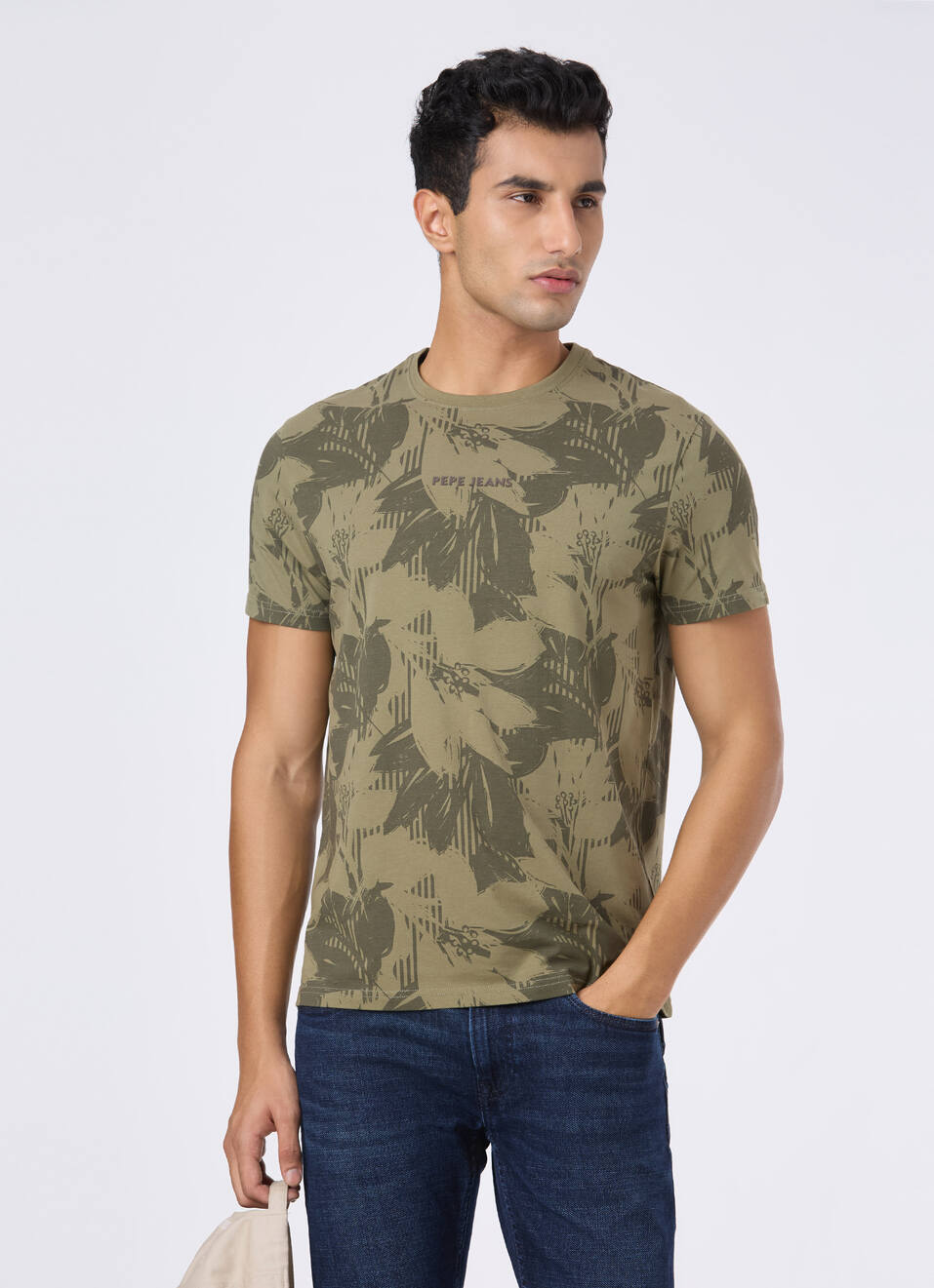 Green Tropical Leaf Print Slim Short Sleeve T-shirt, , large image number 0