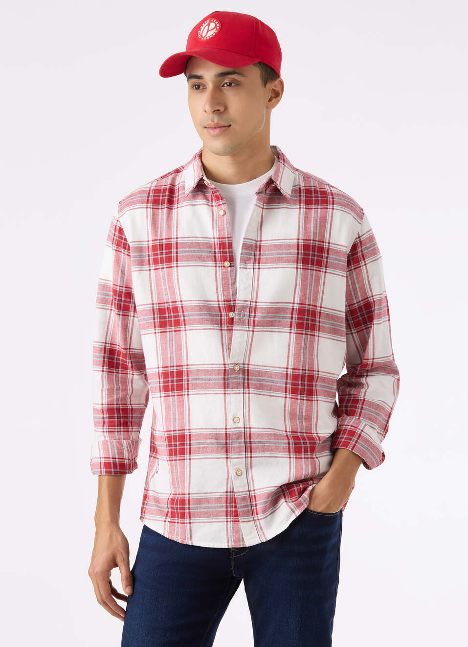 Men Red & White Check Full Sleeve Shirt, , large image number 0