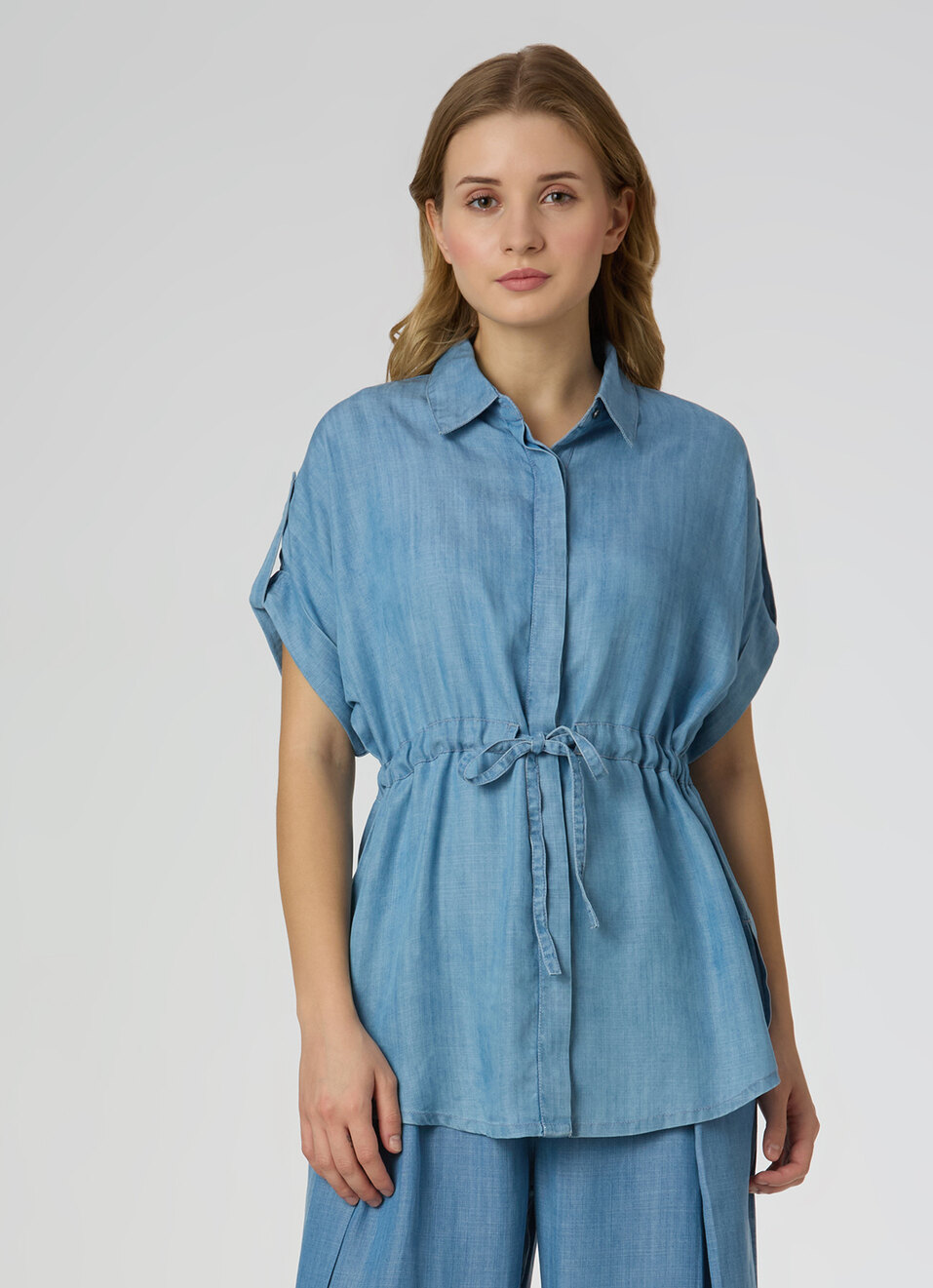 Women Light Blue Drawstring Waist Tab Sleeves Denim Top, , large image number 1