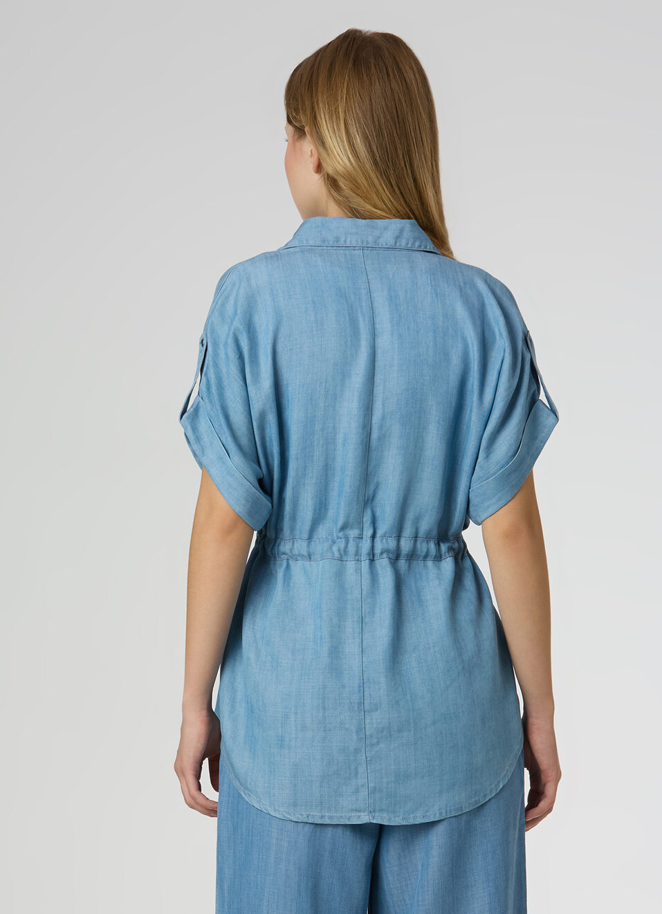 Women Light Blue Drawstring Waist Tab Sleeves Denim Top, , large image number 2