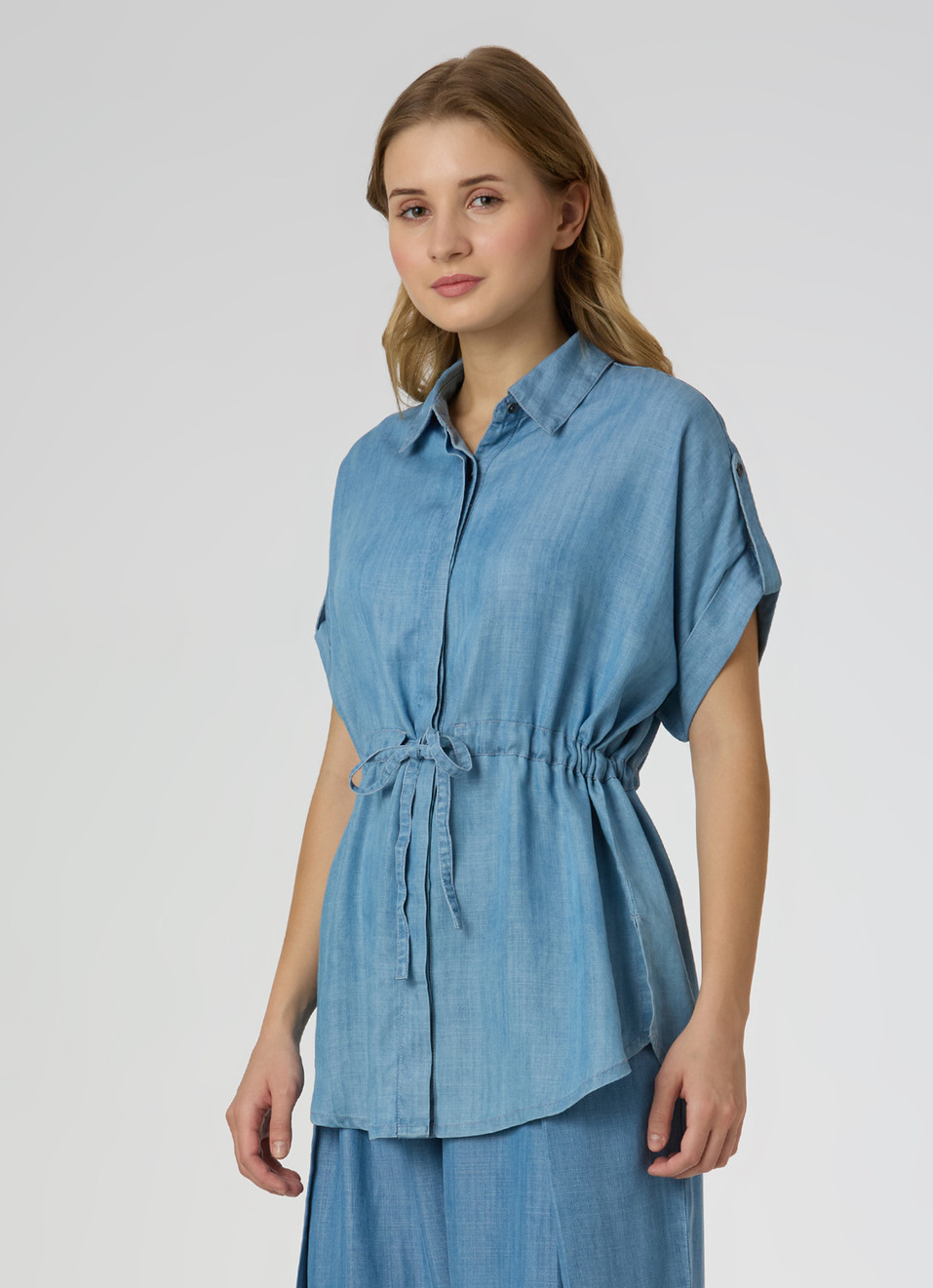 Women Light Blue Drawstring Waist Tab Sleeves Denim Top, , large image number 3