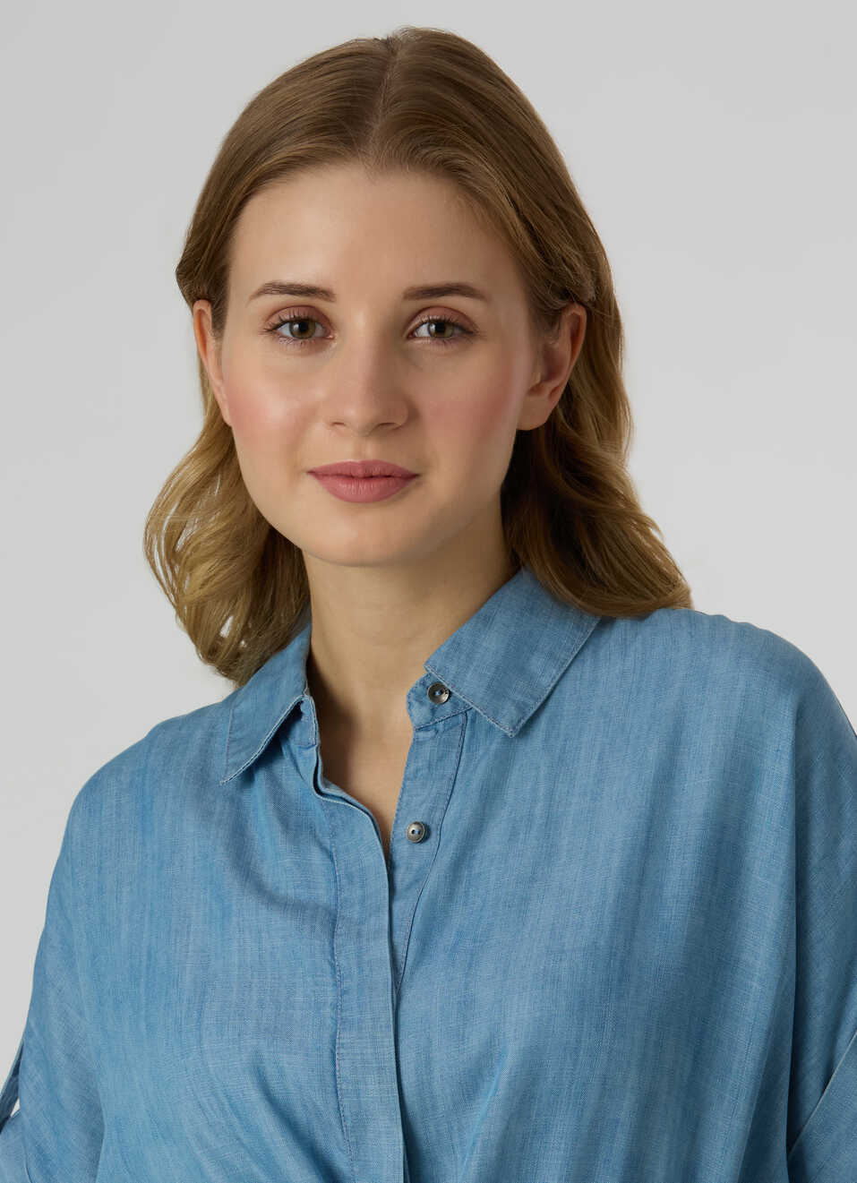 Women Light Blue Drawstring Waist Tab Sleeves Denim Top, , large image number 4