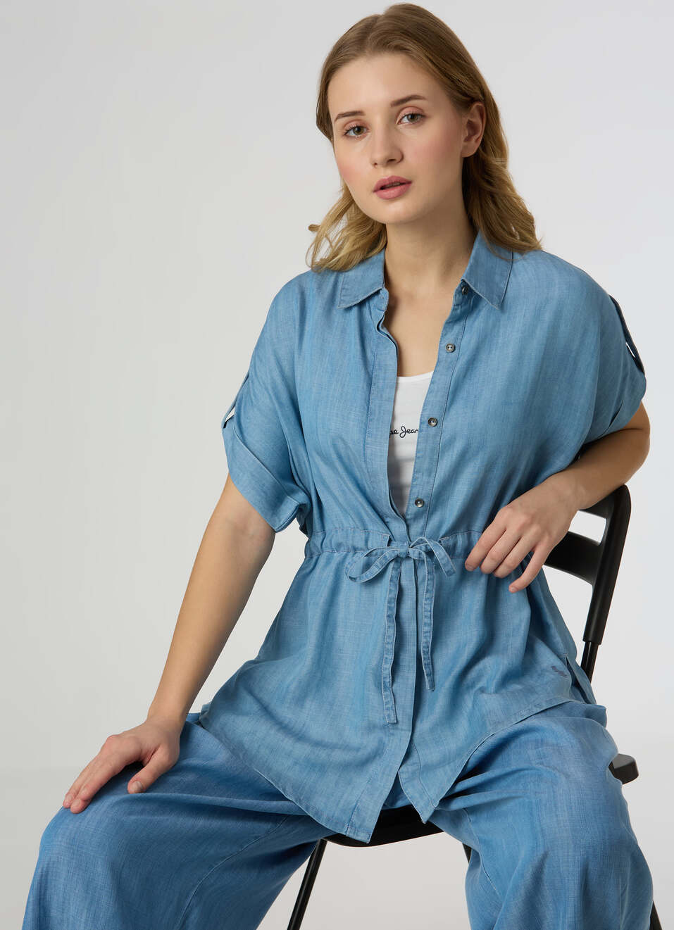 Women Light Blue Drawstring Waist Tab Sleeves Denim Top, , large image number 0