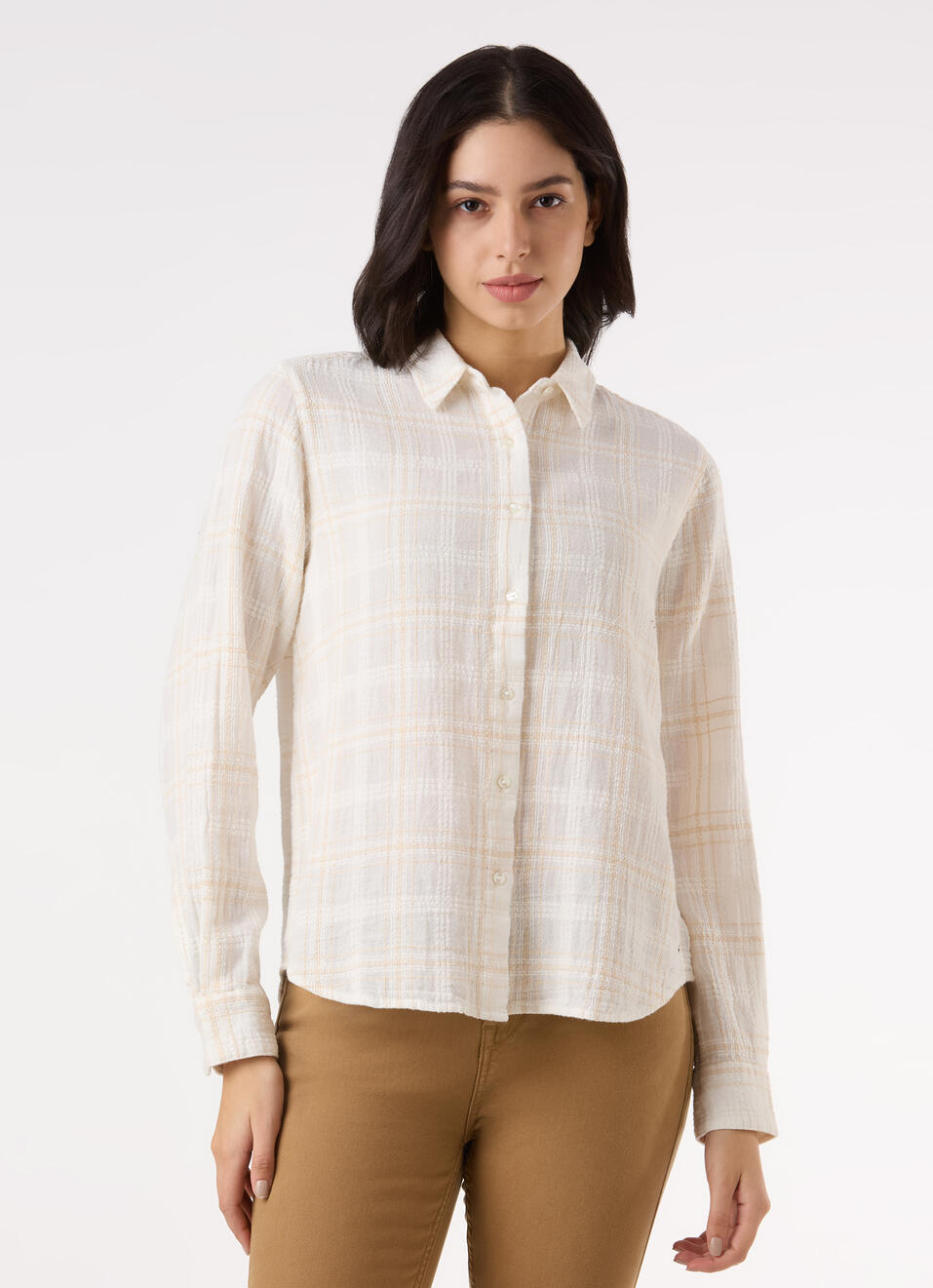 Women Beige Check Textured Regular Full Sleeve Shirt, , large image number 1