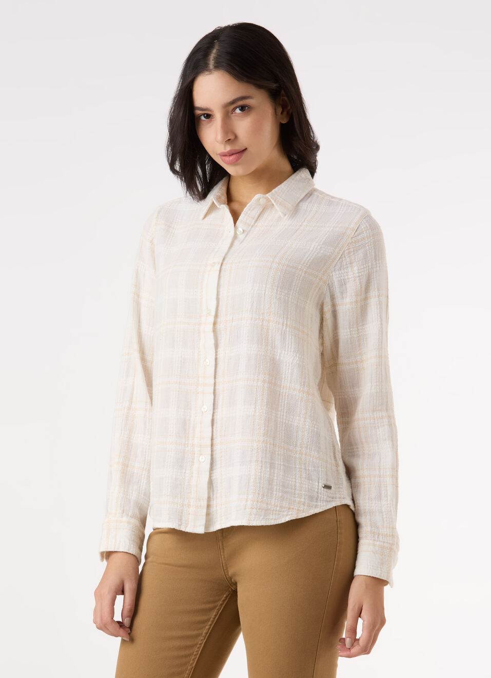 Women Beige Check Textured Regular Full Sleeve Shirt, , large image number 3
