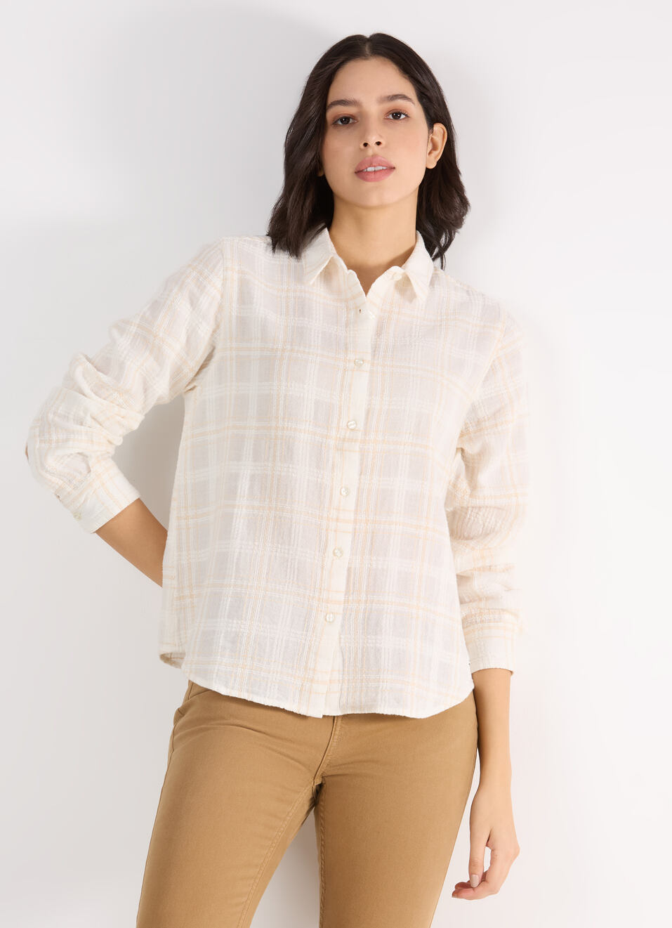 Women Beige Check Textured Regular Full Sleeve Shirt, , large image number 0